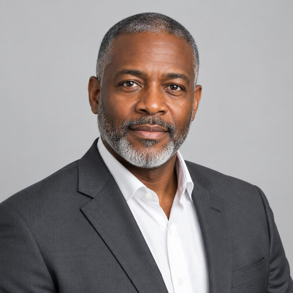Studio portrait of a Black man facilitator in his 50s